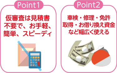 仮審査は見積書不要で、お手軽、簡単、スピーディ。車検・修理・免許取得・お借り換え資金など幅広く使える